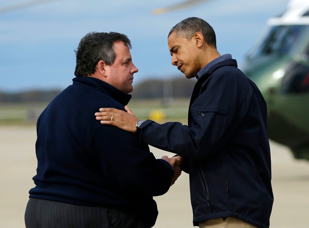 President Obama is greeted by New Jersey Gov. Chris Christie upon his arrival at Atlantic City International Airport, Wednesday. (Photo: AP/Pablo Martinez Monsivais)