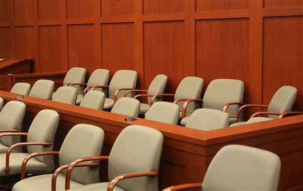 The empty jury box for the George Zimmerman trial in Sanford, Fla., is seen on June 17. (Joe Burbank / Orlando Sentinel pool via AP)
