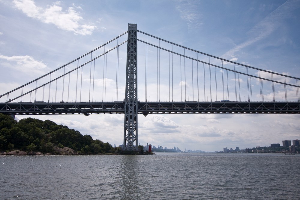 Looking south down the Hudson River at the Manhattan end of the George Washington Bridge, September 5, 2013.