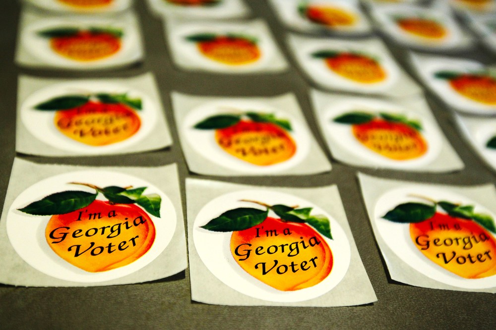 "I'm a Georgia Voter" stickers are seen at a polling station in Sandy Springs, Georgia, March 6, 2012.