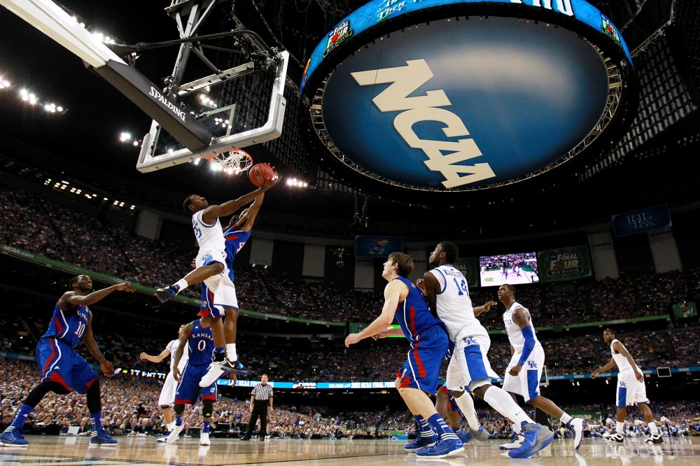 The NCAA logo is seen as the Kentucky Wildcats play against the Kansas Jayhawks in the National Championship Game of the 2012 NCAA Division I Men's Basketball Tournament on April 2, 2012 in New Orleans, La.