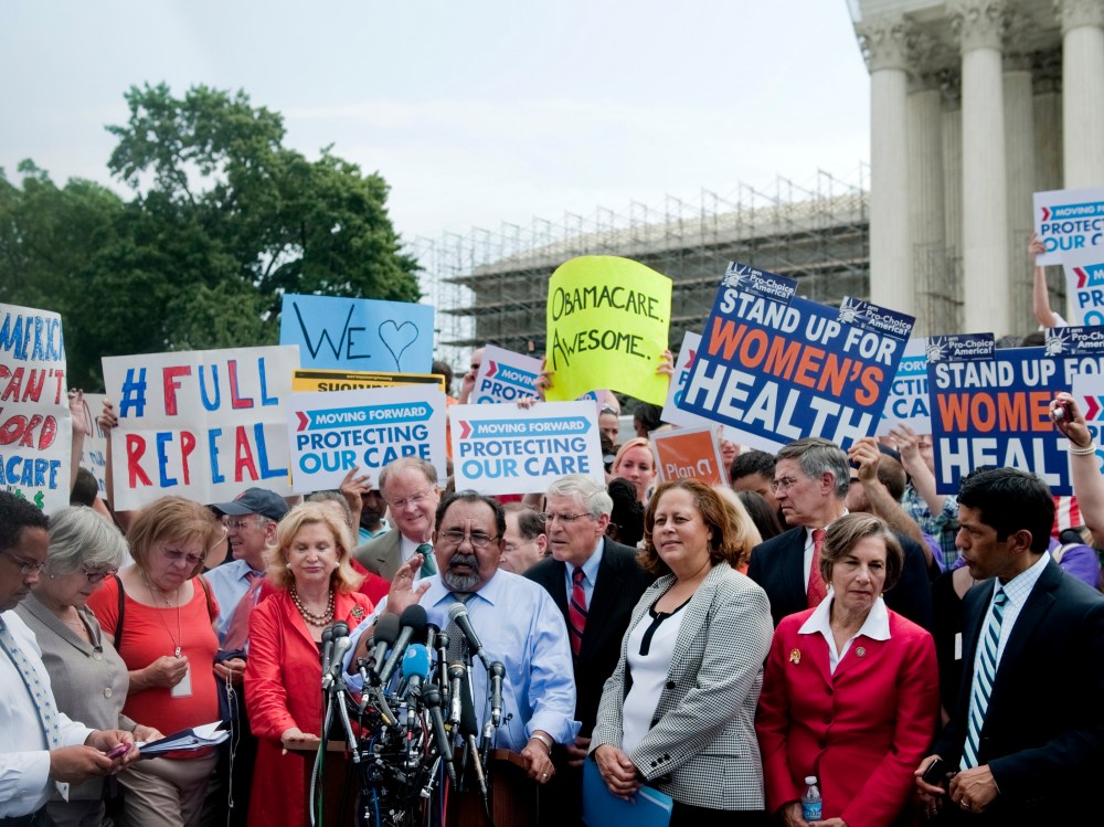 File Photo: Rep. Lynn Woolsey, D-Calif.; Rep. Carolyn Maloney, D-N.Y.; Rep. Raul Grijalva, D-Ariz.; Rep. Laura Richardson, D-Calif.; and Rep. Jan Schakowsky, D-Ill. speak to the press after the Supreme Court decided to uphold the Affordable Care Act. ...