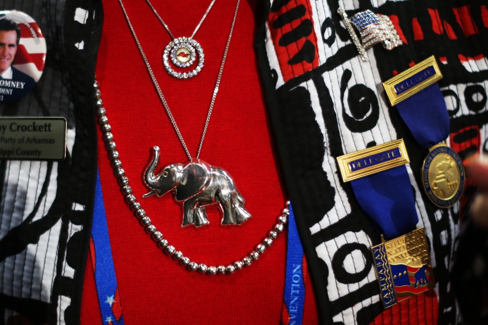 An Arkansas woman wears various political items before the start of the Republican National Convention, August 27, 2012.