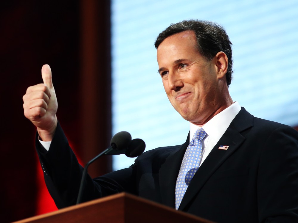File Photo: Former U.S. Sen. Rick Santorum gestures as he walks on stage during the Republican National Convention at the Tampa Bay Times Forum on August 28, 2012 in Tampa, Florida. (Photo by Spencer Platt/Getty Images File)