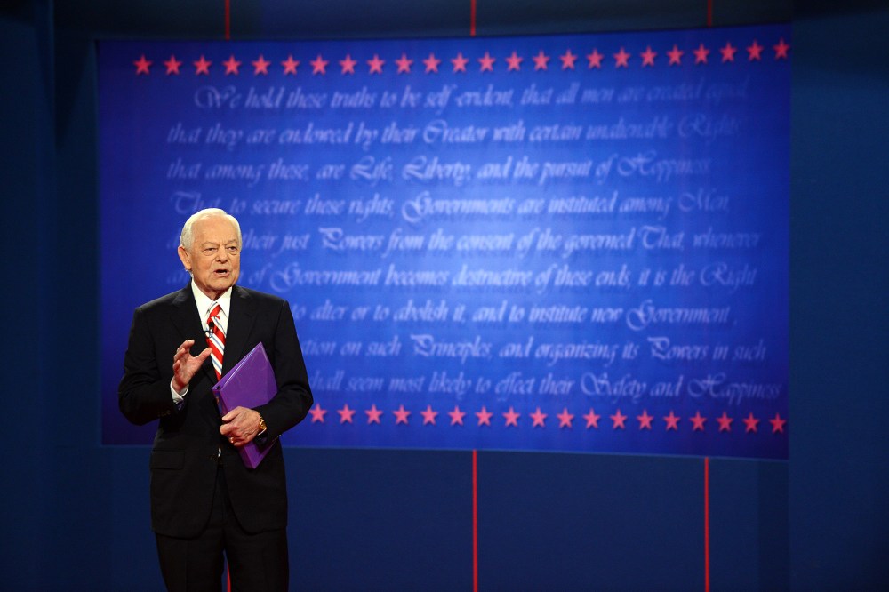 Television journalist Bob Schieffer speaks to the audience before the third and final presidential debate at Lynn University in Boca Raton, Fla., on Oct. 22, 2012. (Photo by Saul Loeb/AFP/Getty)