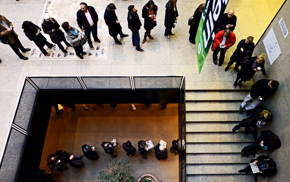Voters line up to cast their vote at the Boston Public Library, November 6, 2012.