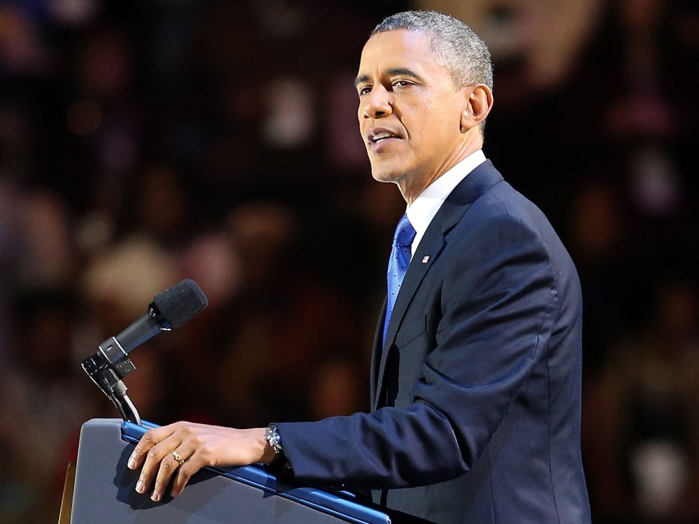 U.S. President Barack Obama delivers his victory speech after being reelected for a second term at McCormick Place November 6, 2012 in Chicago, Illinois. Obama won reelection against Republican candidate, former Massachusetts Governor Mitt Romney. ...