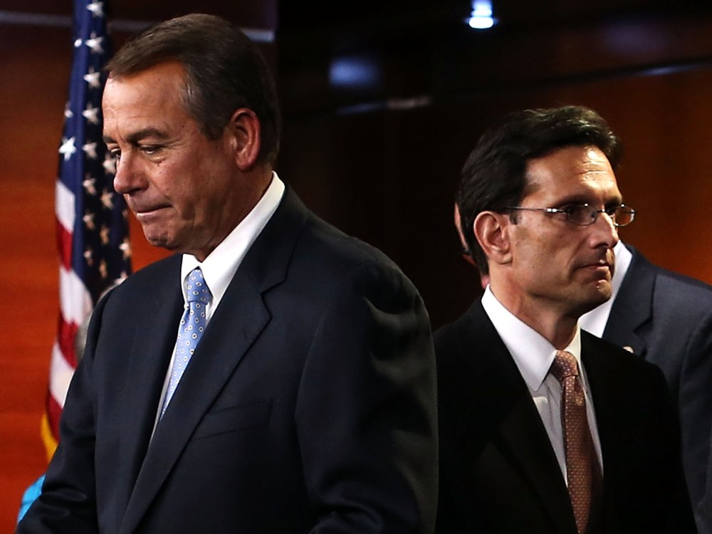 U.S. Speaker of the House Rep. John Boehner (R-OH) (L) and House Majority Leader Rep. Eric Cantor (R-VA) (R) arrive at a news conference to introduce the new House Republican leadership for the next Congress November 14, 2012 on Capitol Hill in...