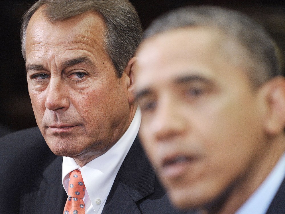 Speaker of the House John Boehner (R-OH) (L) listens as U.S. President Barack Obama speaks during a meeting with bipartisan group of congressional leaders in the Roosevelt Room of the White House on November 16, 2012 in Washington, DC. Obama and...