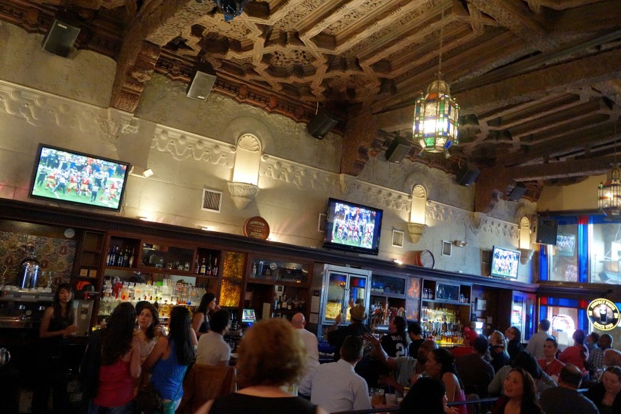 People watch Super Bowl XLVII , the San Francisco 49ers vs The Baltimore Ravens, on televisions in Hollywood's oldest restaurant and pub Pig'n Whistle on Feb. 3, 2013 in Hollywood, Calif.