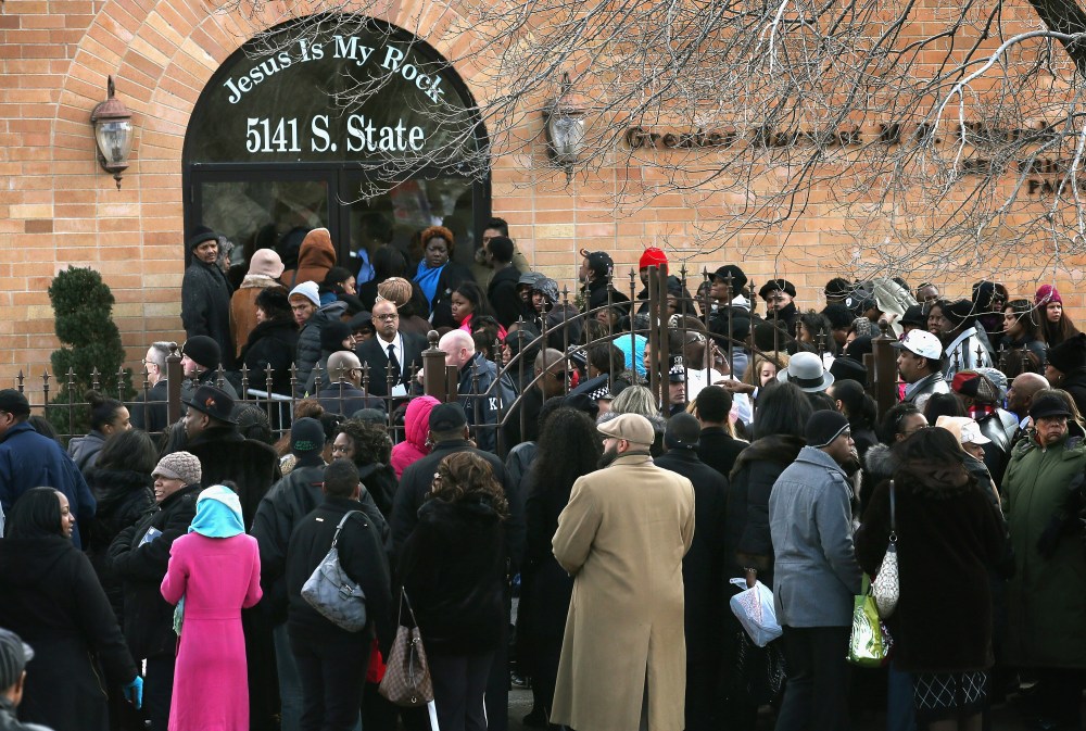 CHICAGO, IL - FEBRUARY 09: An overflow crowd stands outside the Greater Harvest M.B. Church during the funeral of 15-year-old Hadiya Pendleton on February 9, 2013 in Chicago, Illinois. Hadiya was killed on January 29, when a gunman opened fire on her...