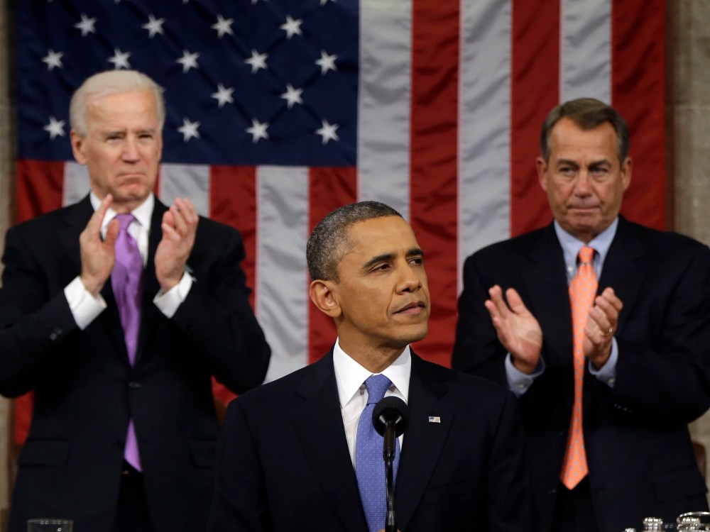 U.S. President Barack Obama, flanked by Vice President Joe Biden and House Speaker John Boehner (R-OH), delivers his State of the Union speech before a joint session of Congress at the U.S. Capitol February 12, 2013 in Washington, DC.(Photo by Charles...