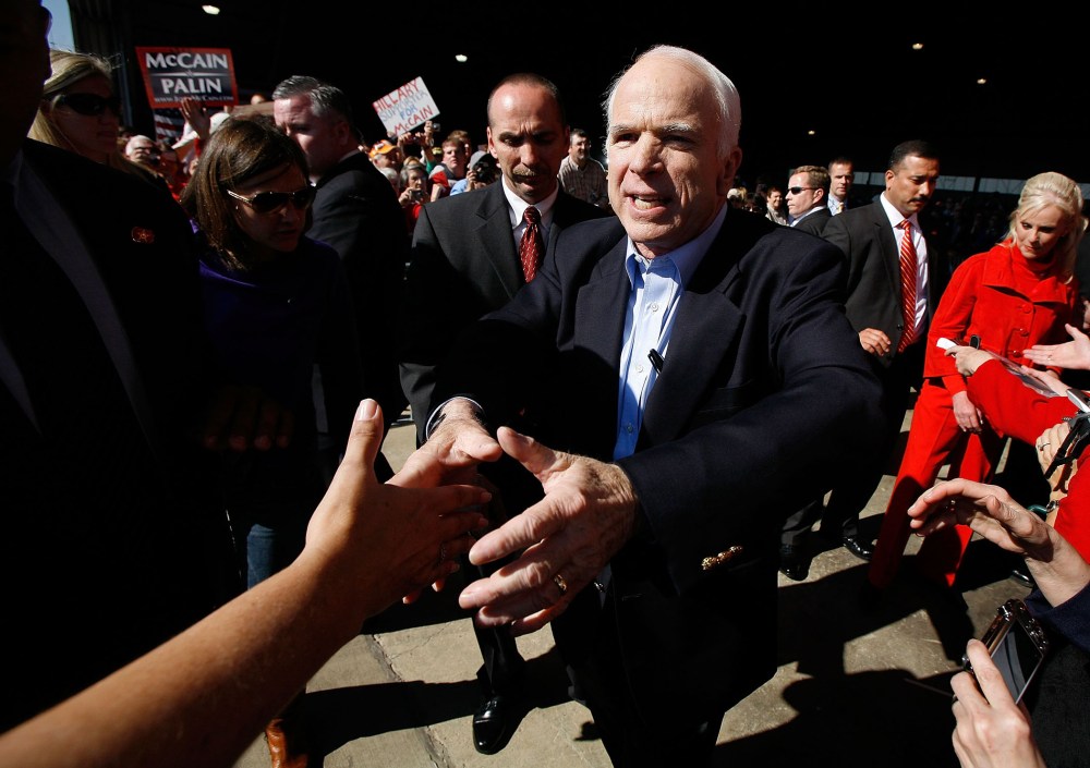Sen. John McCain (R-AZ) greets supporters after addressing a campaign rally at Tri City Aviation November 3, 2008 in Blountville, Tennessee.