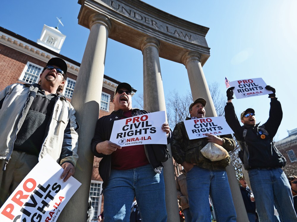Second Amendment supporters rally against stricter gun control laws at the Maryland State House on March 5, 2013 in Annapolis, Maryland. If the Maryland Firearm Safety Act legislation bill is passed, it would require a license to purchase a handgun,...