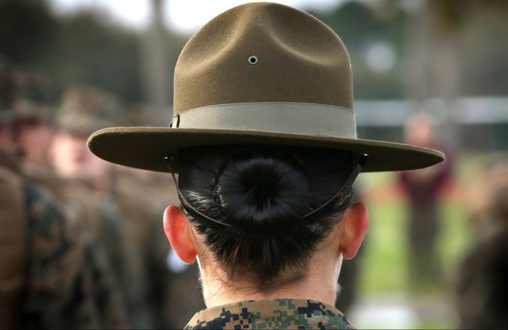 A Drill Instructor speaks to her female Marine recruits during boot camp February 27, 2013 at MCRD Parris Island, South Carolina.