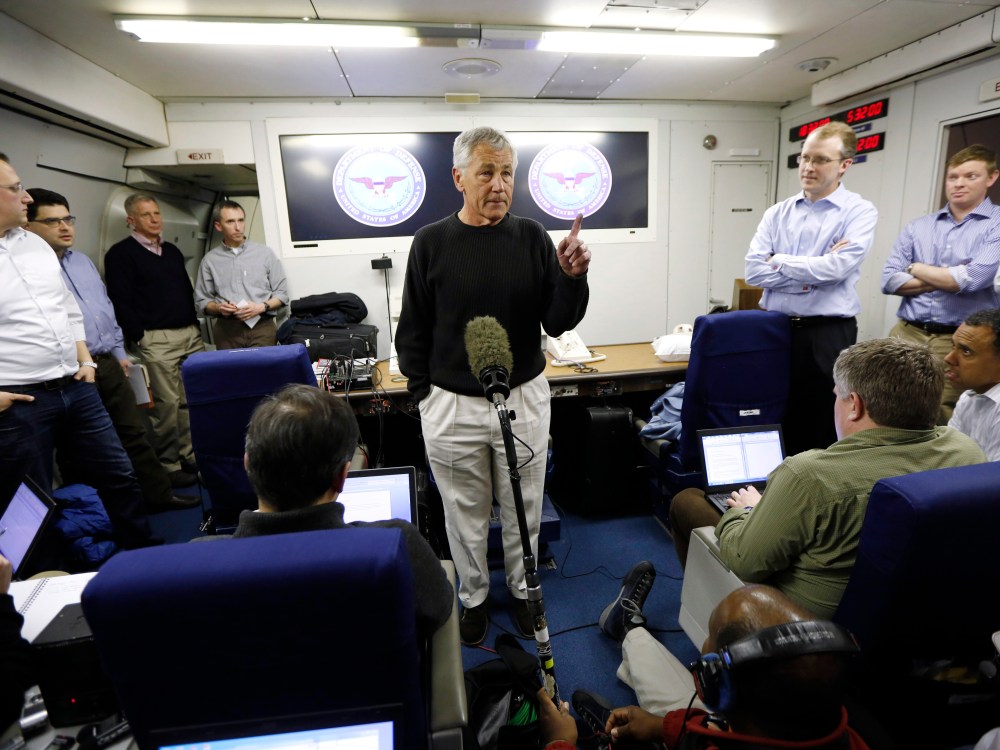 Hagel was making his first official trip since being sworn-in as U.S. Defense Secretary. (Photo by Jason Reed-Pool/Getty Images)