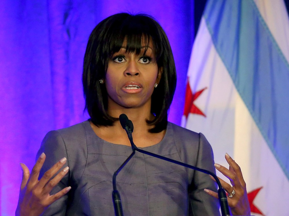 First lady Michelle Obama get emotional as she speaks to guests about the murder of 15-year-old Hadiya Pendleton during a speech about combating youth violence at a luncheon April 10, 2013 in Chicago, Illinois. According to published reports Chicago...