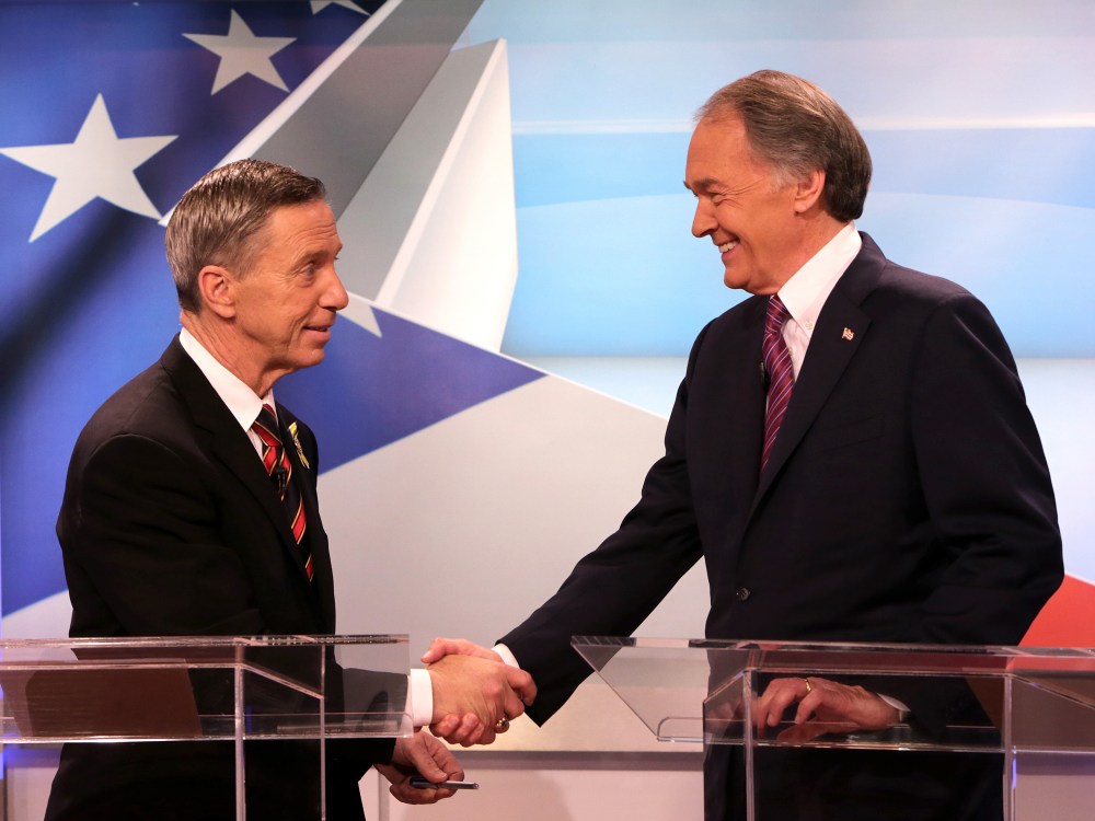 Democratic U.S. Senate candidates Stephen F. Lynch, at left, and Edward J. Markey, at right, greet each other prior to the start of debate at WBZ studios in Boston on April 22, 2013. (Photo by Barry Chin/The Boston Globe via Getty Images)