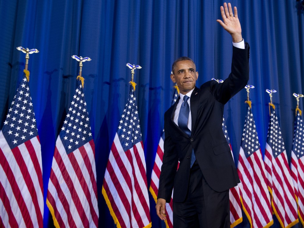 President Obama waves after speaking about his administration's drone and counterterrorism policies, as well as the military prison at Guantanamo Bay, at the National Defense University in Washington, DC, May 23, 2013. (Photo by Saul Loeb/AFP/Getty...
