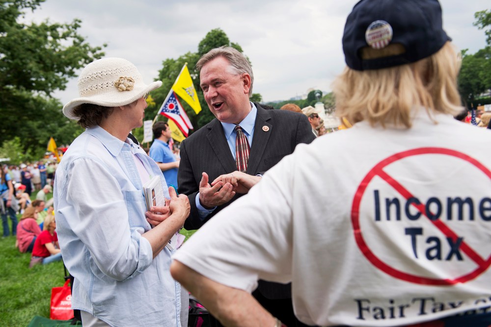 Rep. Steve Stockman speaks with supporters during a Tea Party Patriots rally on the west front of the Capitol, June 19, 2013.