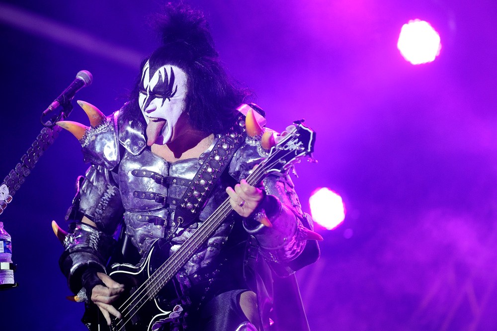 The bassist of US rock band Kiss Gene Simmons performs on stage during the Hellfest Heavy Music Festival on June 22, 2013 in Clisson, western France. (Photo by Jean-Sebastien Evrard/AFP/Getty)