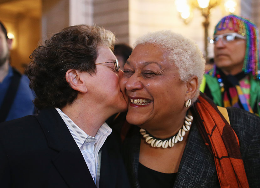 A couple celebrates upon hearing the U.S. Supreme Court has struck down the Defense of Marriage Act at City Hall June 26, 2013 in San Francisco, United States. The high court ruled on DOMA, and will rule on California's Prop 8 as well.  (Photo by...
