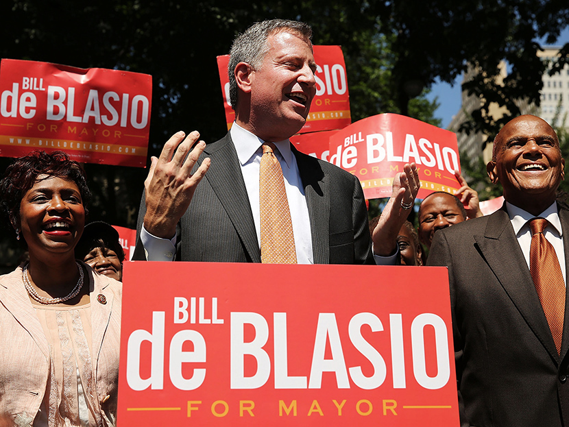 Entertainer and human rights activist Harry Belafonte (right) stands with New York Democratic mayoral candidate Bill de Blasio during a campaign event on July 30, 2013 in New York City. (Photo by Spencer Platt/Getty Images)