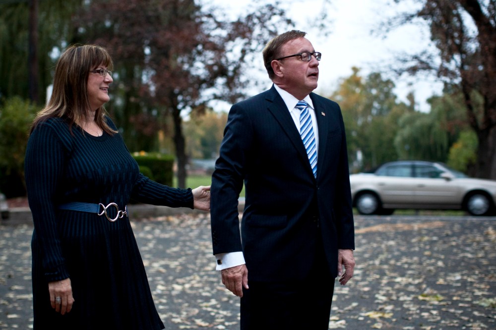 New Jersey U.S. Senate candidate Steve Lonegan and his wife Lorraine Rossi Lonegan arrives at a polling center on October 16, 2013 in Bogota, New Jersey.