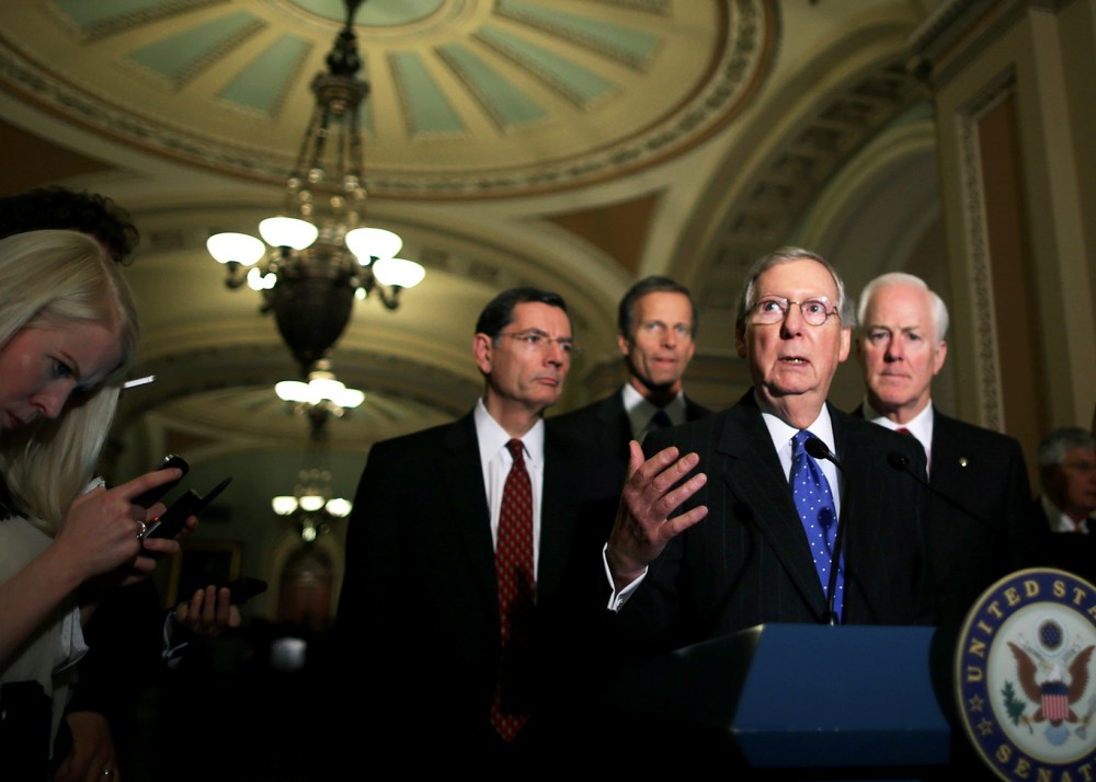 Senate Minority Leader Mitch McConnell speaks to the media at the U.S. Capitol, November 5, 2013 in Washington, DC.