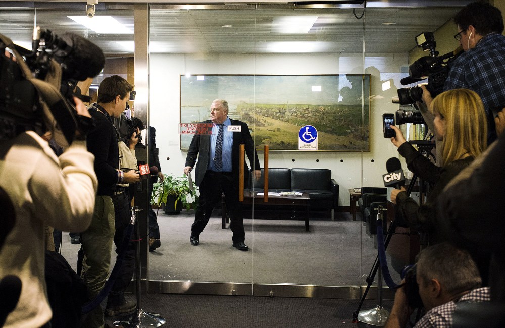 Toronto Mayor Rob Ford walks toward the media on Nov. 15, 2013 in Toronto, Canada.