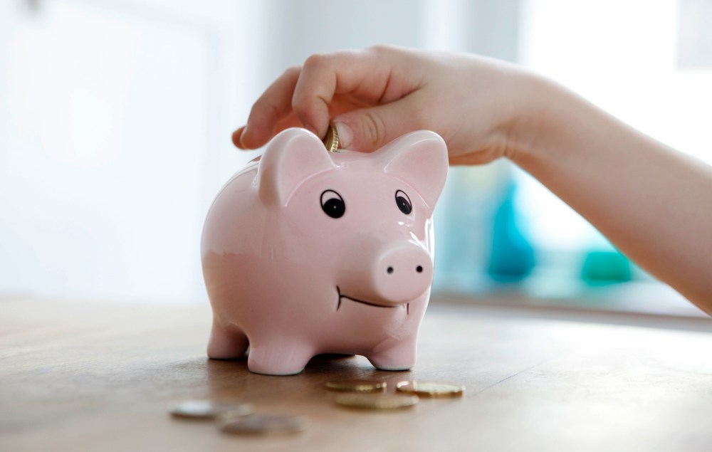 Image: Little boy putting coin into piggy bank, close-up