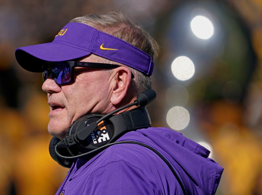 Head coach Brian Kelly of the LSU Tigers watches his team against Missouri Tigers