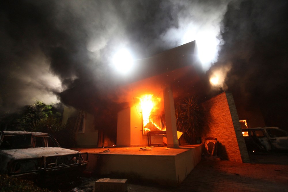 The U.S. Consulate in Benghazi is seen in flames in this file photo taken September 11, 2012.