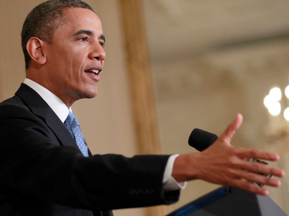 President Obama speaking in the East Room of the White House in Washington on January 14, 2013.   (Photo by Jason Reed/Reuters)