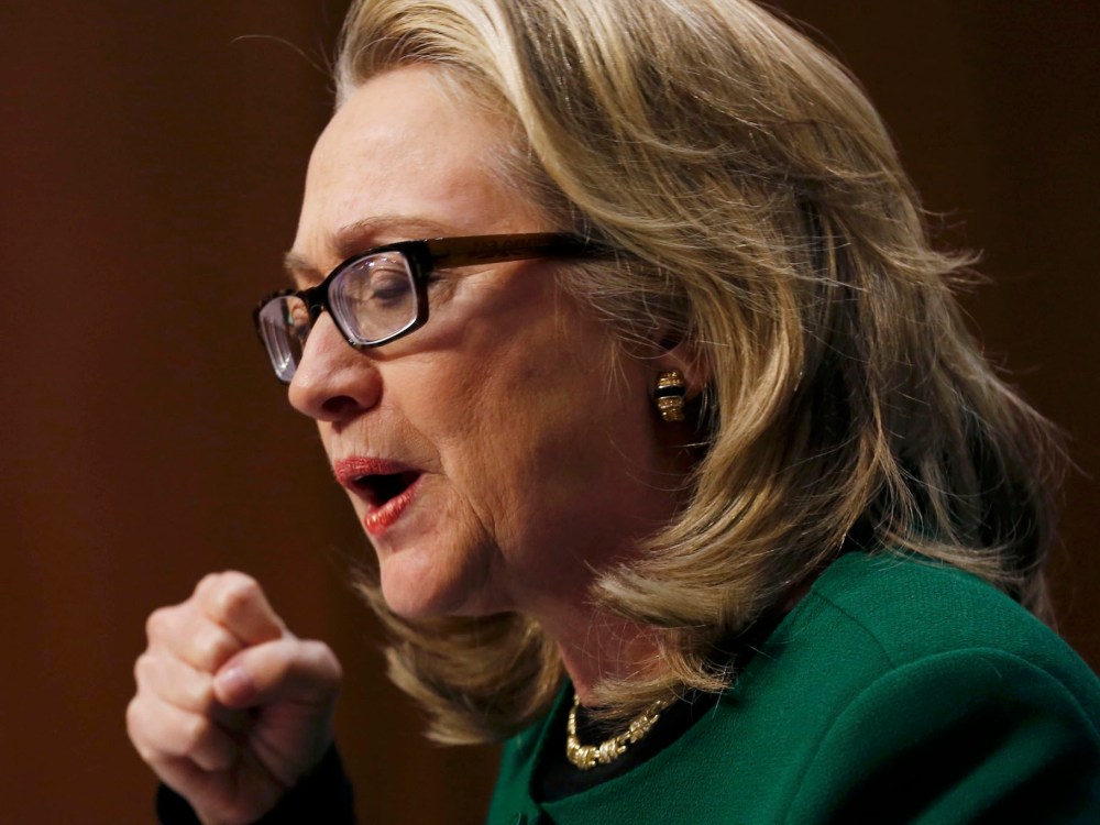 Secretary of State Hillary Clinton pounds on her fist on her table while testifying on the September attack on U.S. diplomatic sites in Benghazi, Libya during a hearing held by  the U.S. Senate Foreign Relations Committee on Capitol Hill in Washington...