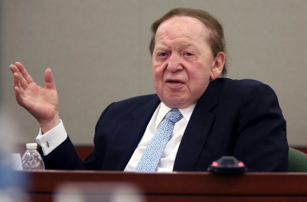 Las Vegas Sands Corp Chairman and Chief Executive Sheldon Adelson testifies on the witness stand at the Regional Justice Center in Las Vegas, Nevada in this April 4, 2013 file photo.