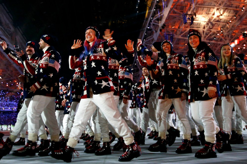 Delegation members of the U.S. parade during the opening ceremony of the 2014 Sochi Winter Olympic Games at Fisht stadium February 7,  2014.