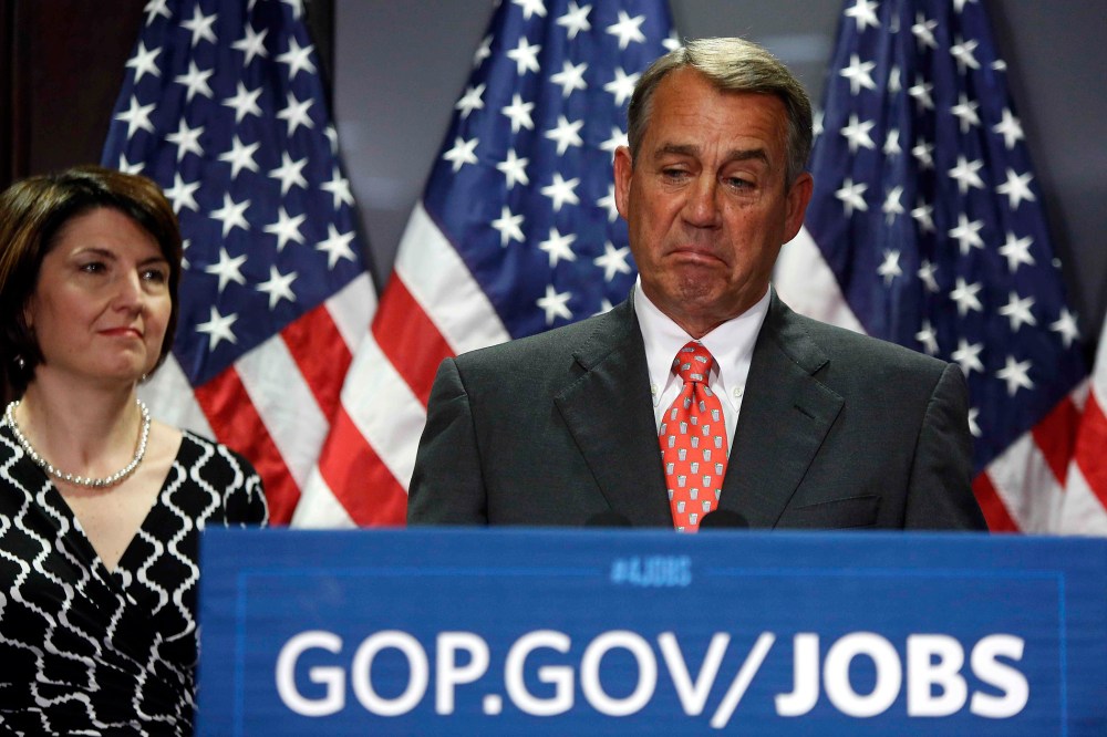 House Speaker John Boehner (R-OH) during a news conference after a Republican Party caucus meeting on Capitol Hill in Washington May 20, 2014.