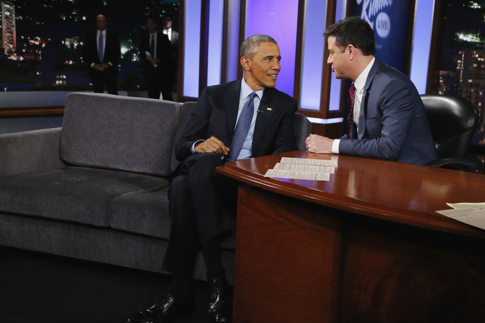 President Barack Obama talks with Jimmy Kimmel during a taping of Jimmy Kimmel Live in Los Angeles, California on March 12, 2015.