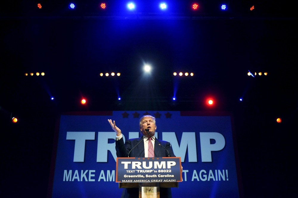 Republican presidential candidate Donald Trump speaks during a campaign rally in Greenville, S.C., Feb. 15, 2016. (Photo by Rainier Ehrhardt/Reuters)