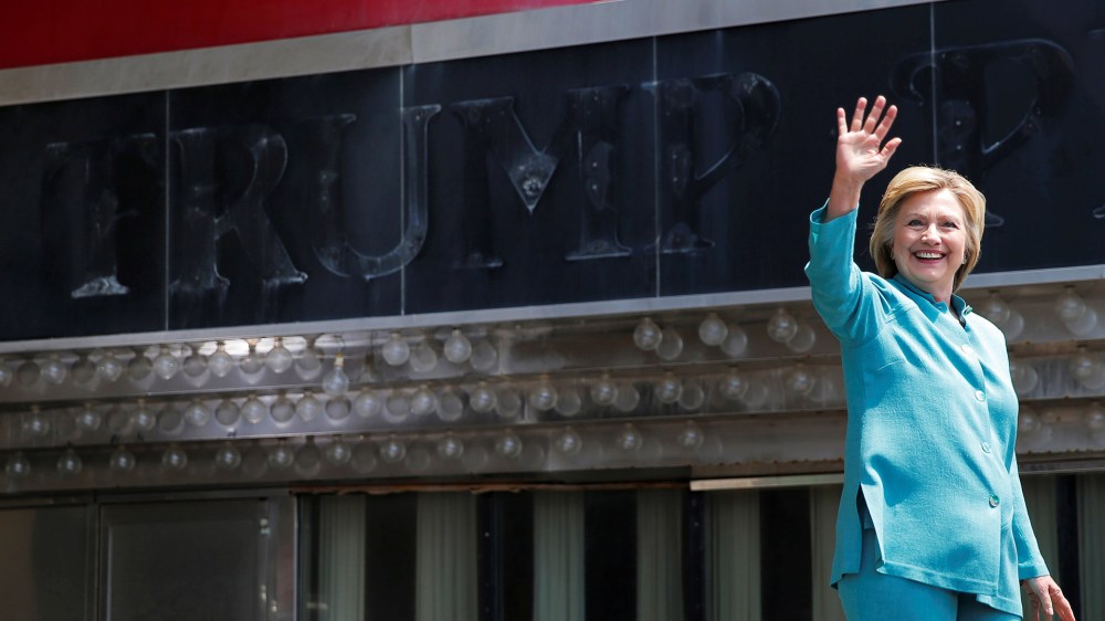 Democratic presidential candidate Hillary Clinton takes the stage for a campaign speech outside the shuttered Trump Plaza in Atlantic City, N.J., July 6, 2016. (Photo by Bryan Snyder/Reuters)