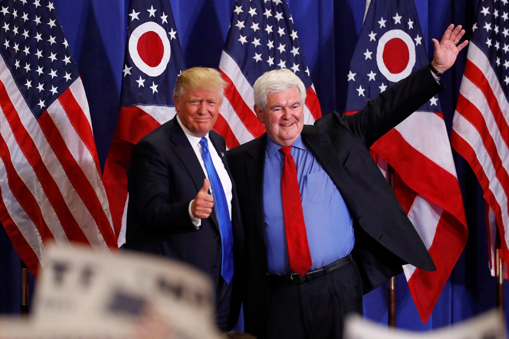 Former Speaker of the House Newt Gingrich greets U.S. Republican presidential candidate Donald Trump at a rally at the Sharonville Convention Center in Cincinnati, Ohio July 6, 2016. (Photo by Aaron P. Bernstein/Reuters)