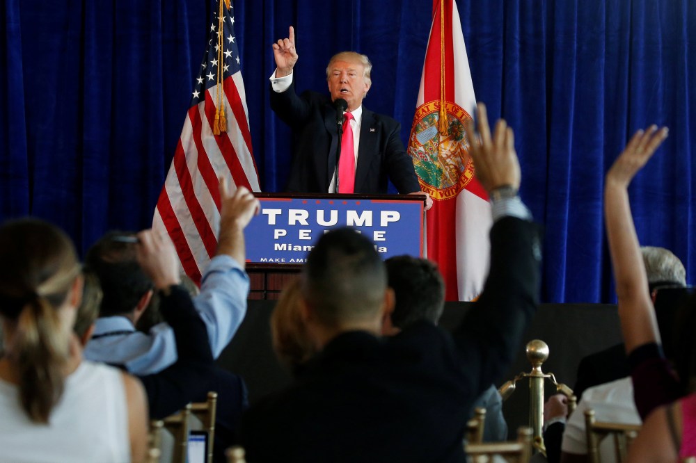 U.S. Republican presidential nominee Donald Trump speaks at a campaign event at Trump Doral golf course in Miami, Florida, July 27, 2016. (Photo by Carlo Allegri/Reuters)