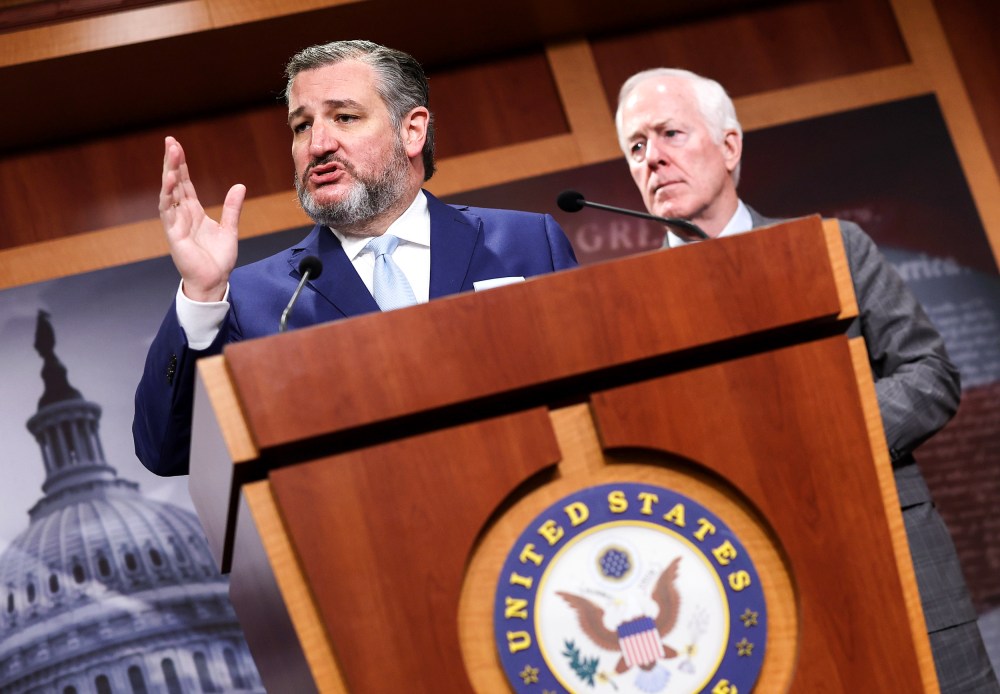 U.S. Sen. Ted Cruz (R-TX) and  Sen. John Cornyn (R-TX), speak to journalists in Washington, DC. on May 3, 2023.