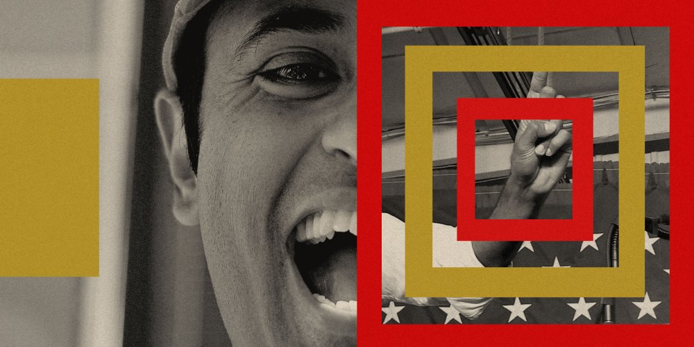 Collage of GOP 2024 Candidate Vivek Ramaswamy overlaid with red and yellow square cutouts