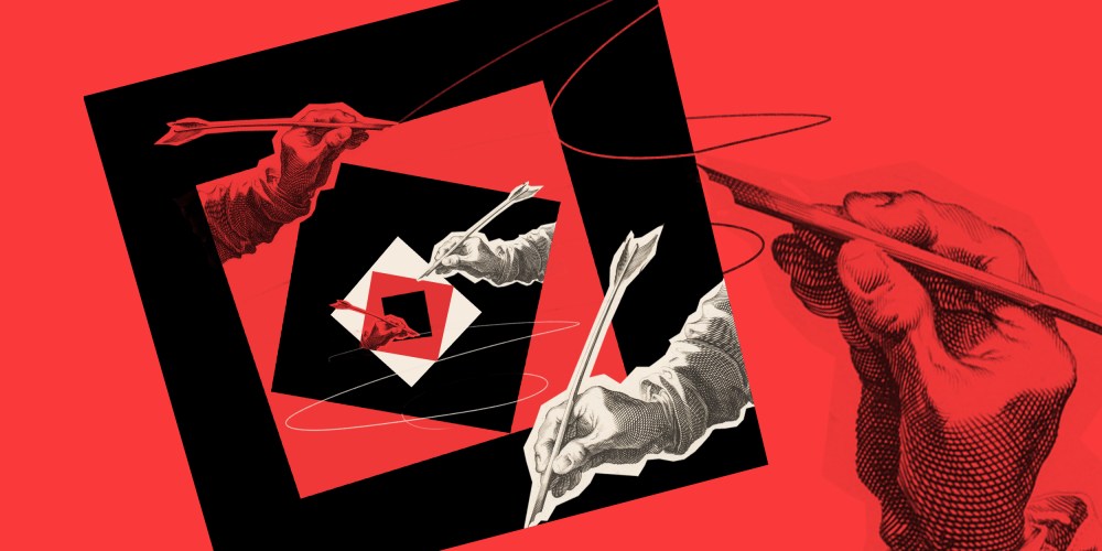 Photo illustration: Infinite loop of a hand drawing a square that holds another hand drawing another square.