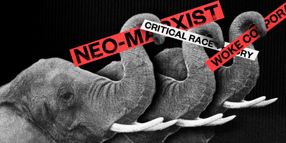 Photo illustration: Three elephants raise their trunks up holding red and white sticks that read,"Neo-marxist", "Critical Race Theory" and "Woke Corporation".