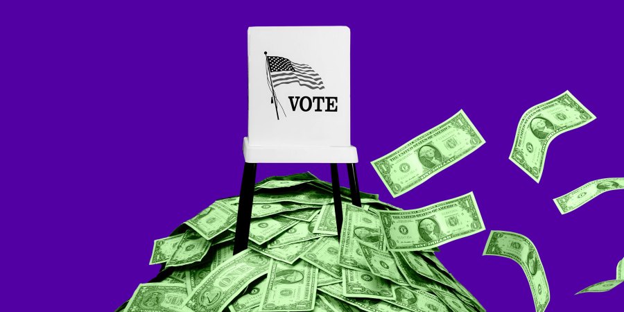 Photo Illustration: A voting booth sits on top of a pile of money.
