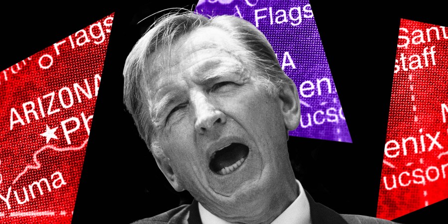 Photo Illustration: Rep. Paul Gosar (R-AZ) in front of a fractured map of Arizona