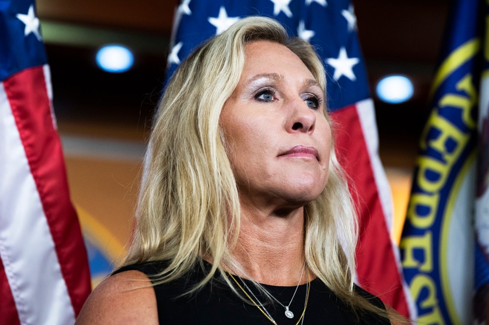 Rep. Marjorie Taylor Greene at news conference for the Fire Fauci Act, which aimed to strip the salary of Dr. Anthony Fauci for his handling of COVID-19 on June 15, 2021.